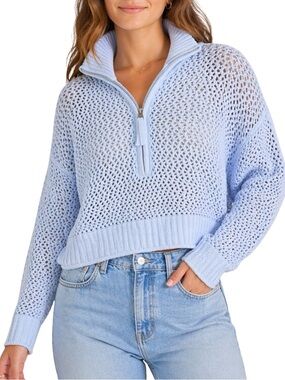aerie Crochet Knit Quarter Zip Pullover - Size Medium - Light Blue